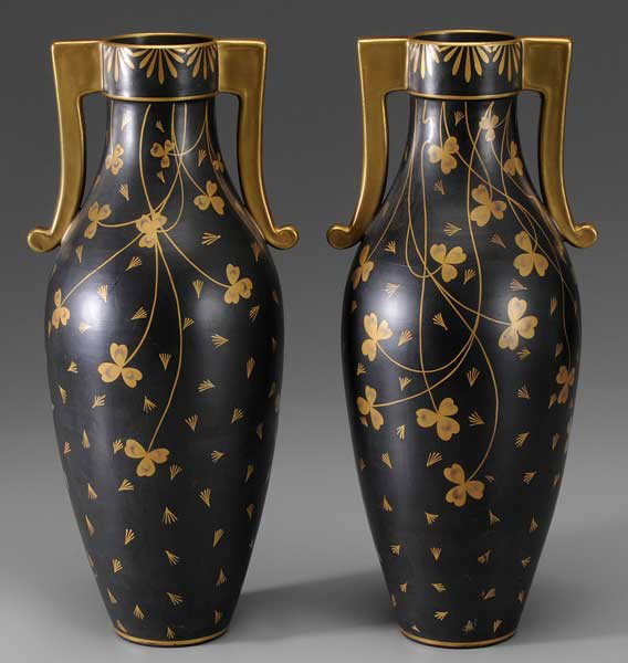 Pair French Porcelain Vases: 20th century, shamrocks on black ground with gilt highlights, bases marked "JP" flanking a castle over "France", 17-1/2 in., excellent condition Provenance: Private Collection, Memphis, Tennessee