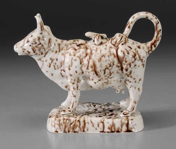 Pearlware Cow Creamer: British, early-19th century, mottled brown surface, 6 x 7-3/4 in., very minor base chip, otherwise excellent condition