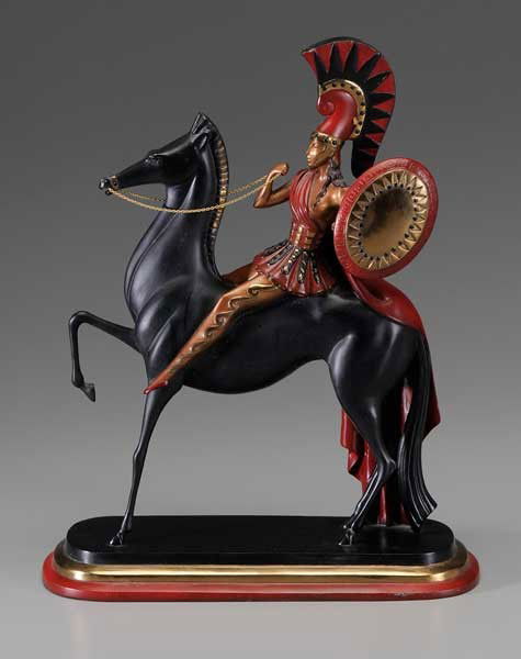 Erté: (Romain de Tirtoff, Russian, 1892-1990) Amazon, woman in Roman costume on horse, edition of 375, signed on base "Erte", polychromed bronze, 16-3/4 x 13-3/4 x 5-1/4 in., abrasions, some wax accretion o