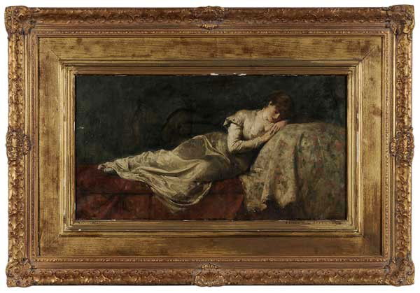 Henry Thomas Schafer: (British, 1854-1915) "Reverie", 1879, oil sketch of reclining woman, visible underdrawing, signed upper left "Henry Tho. Schäfer 1879", oil on canvas, 12 x 22-3/4 in.; original gilt liner and sight m