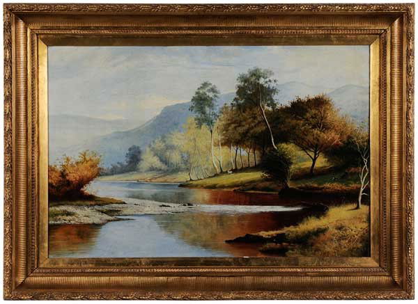 British School: (early-20th century, possibly J.W. Sims) Shepherd With Sheep by a River, signed lower right "JWS 03", oil on canvas, colourman stamp verso "John Bryce Smith...London", 23-7/8 x 36 in.; original gilt w