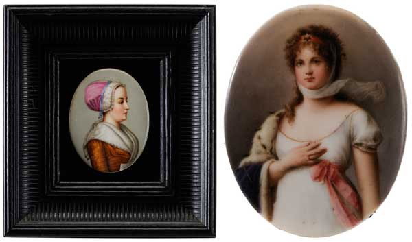 Two Continental Porcelain Plaques: (late-19th/early-20th century) Queen Louise after Gustav Richter (German, 1823-1884), crossed-lozenge mark, [paint accretion;] woman, each 5-1/8 x 4 in.; matching painted wood cove-molding frames, bot