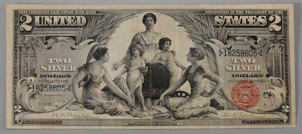 Series 1896 US $2 "Educational Series": Silver Certificate red seal, Bruce-Roberts, F-VF, several fold lines, minor wear at folds, minor stains Provenance: Private Collection