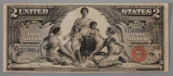 Series 1896 US $2 "Educational Series": Silver Certificate red seal, Bruce-Roberts, F, wear at folds both sides, minor soiling and stains Provenance: Private Collection
