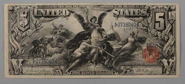 Series 1896 US $5 "Educational Series": Silver Certificate red seal, Tillman-Morgan, Choice VF-EF, numerous light creases, minor reverse glue residue, very minor hinge residue, light reverse stain Provenance: Private Collection