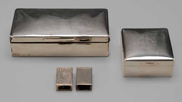 English Silver Boxes, Matchbook Covers: 20th century: rectangular box; square box; two matchbook covers, most with monograms, .925 fine, (four pieces); detailed list available Provenance: Private Collection
