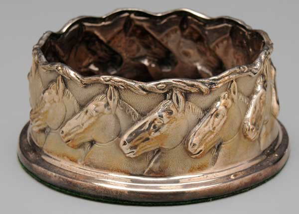 Sterling Horse Wine Coaster: American, late-20th century, sides with horse heads and twig border, wooden base with felt, marks for Galmer (Long Island City, New York), no monogram, 2-1/4 x 5-1/4 in., good condition, minor cracks