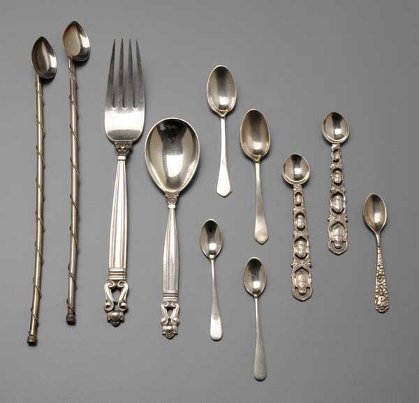 Jensen, Middle Eastern, German,: Egyptian Silver Flatware Jensen Denmark fork, sugar spoon; Middle Eastern straws; Egyptian spoons; German spoon, some monograms, 18.66 oz.T., (37 pieces); detailed list available Provenance: Private C