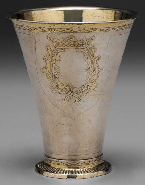 Early Parcel Gilt German Silver Beaker: probably German (partial marks), 18th century, tapering sides, wreath and crown cartouche, double-struck marked, possibly Hollberg, no monogram, 4.8 oz.T., 5 x 4-3/8 in., small dents to base rim, loss