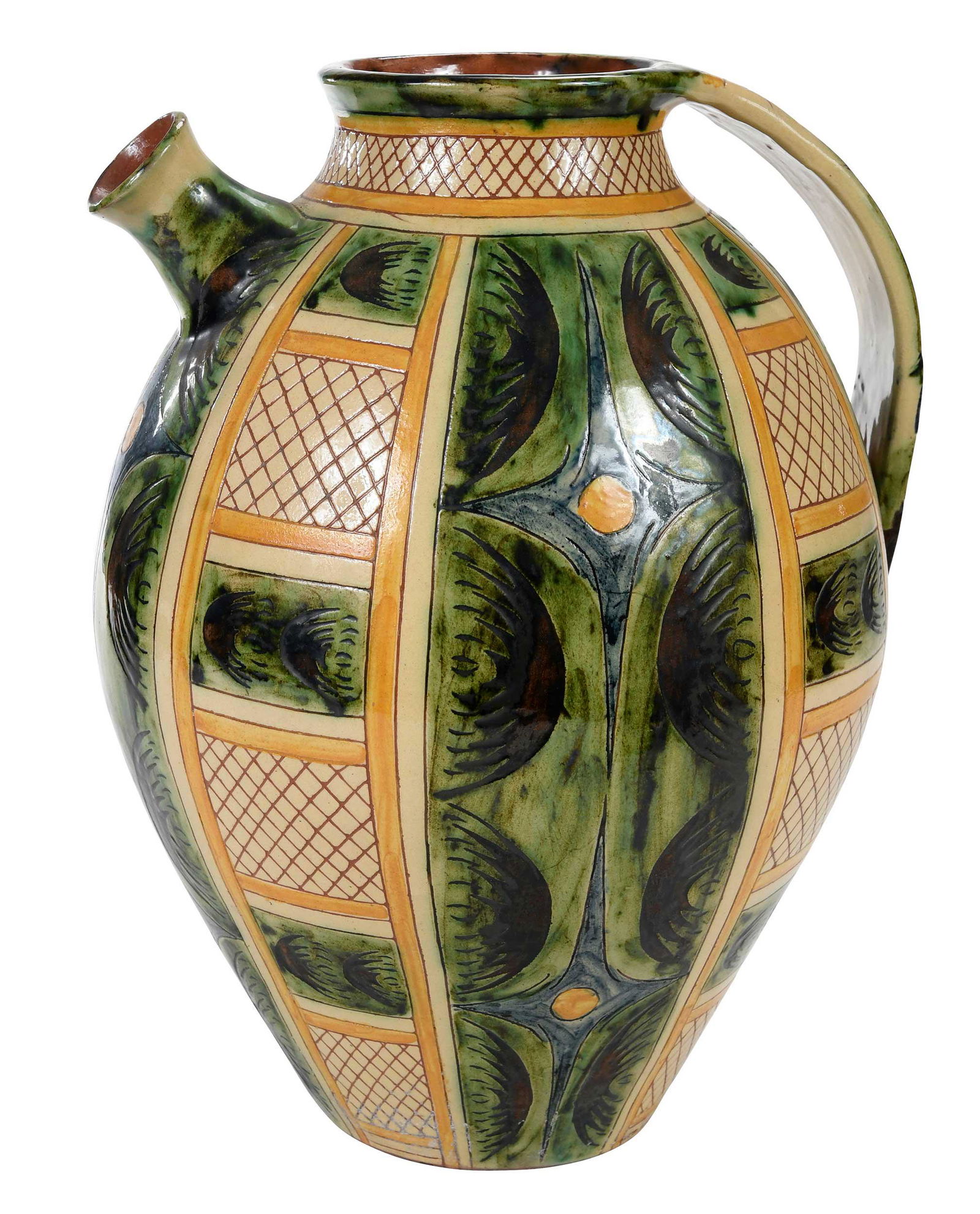 Della Robbia Pottery Pitcher Vase: British, probably 19th century, pitcher style rotund vase with handle and spout, engraved and painted in design of stylized foliage and crosshatching, base incised with ship symbol and "287", 13-3/4 x