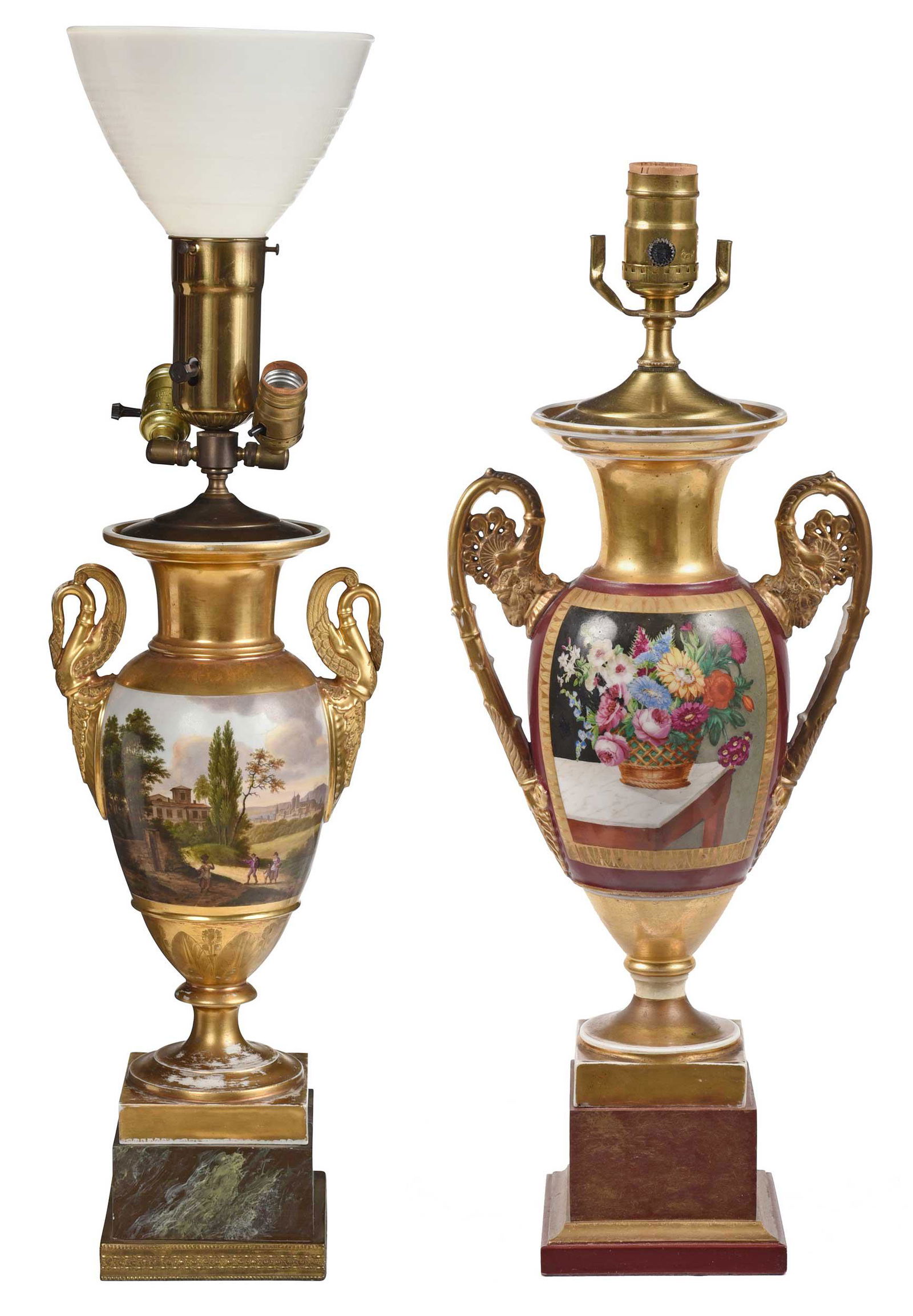 Two Continental Painted and Gilt Porcelain Urns Mounted as Lamps (1 of 11)