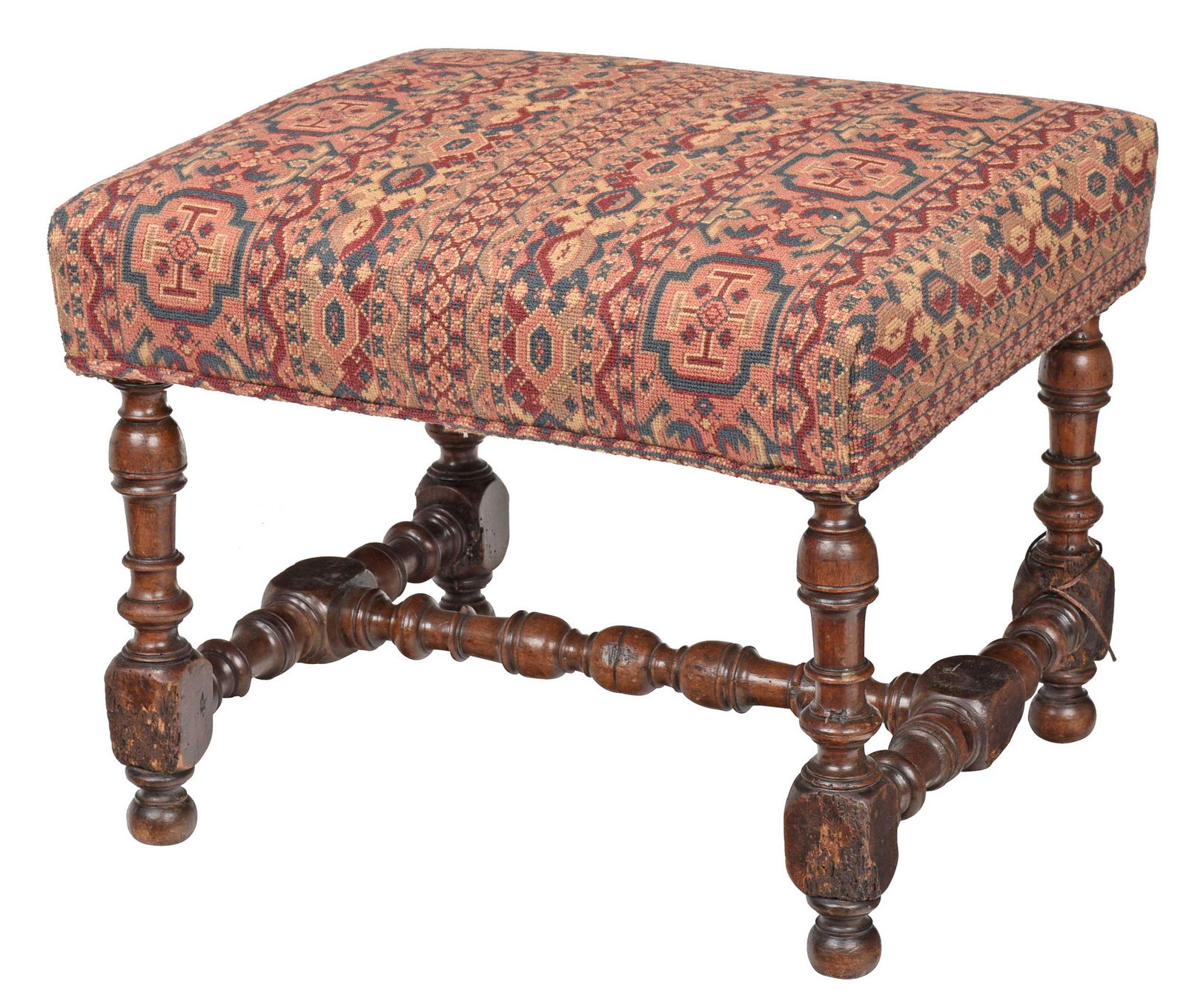 William and Mary Turned Walnut Needlework Upholstered Foot Stool (1 of 4)