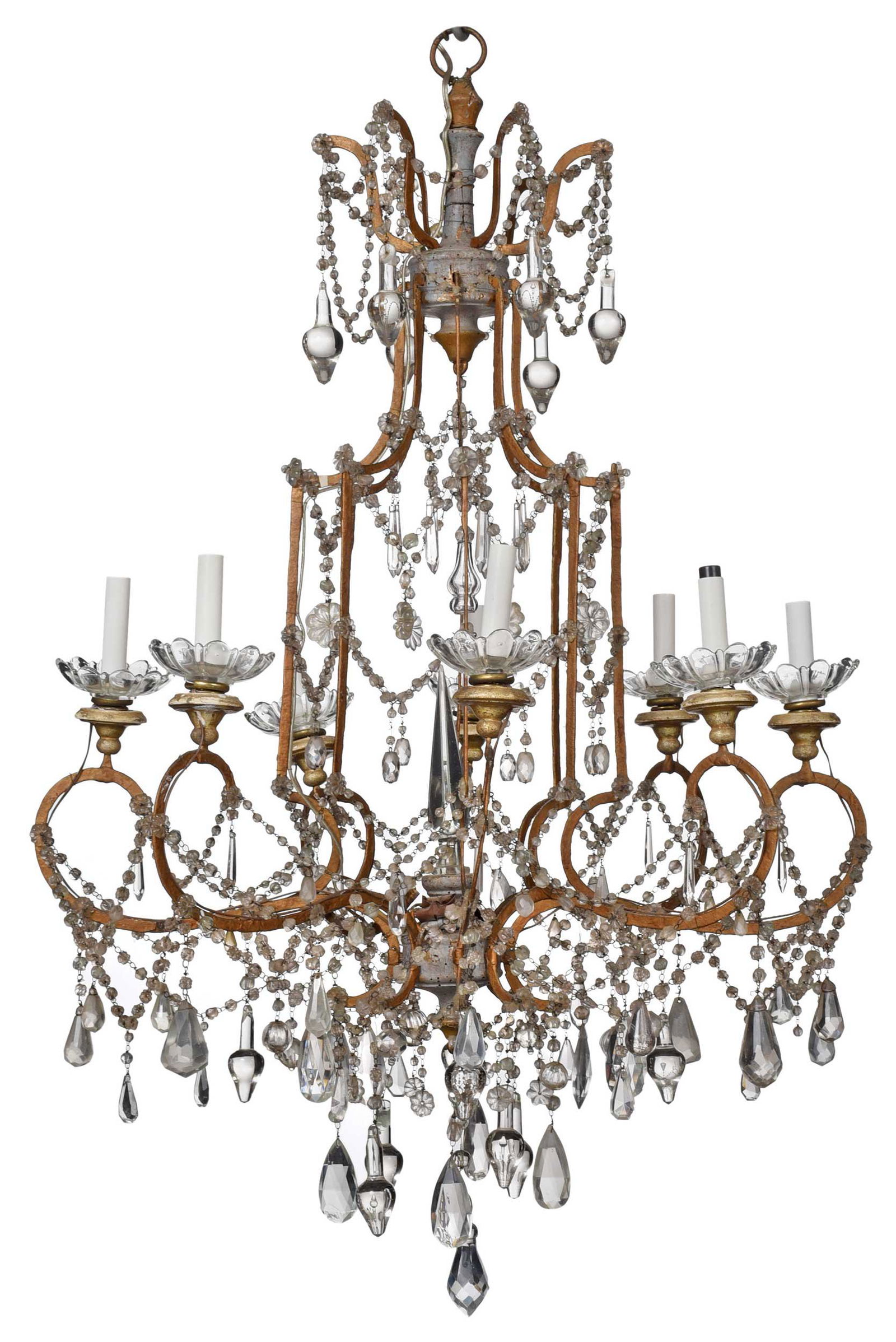 Italian Gilt, Wrought Iron, Painted Wood, and Crystal Hung Eight Light Chandelier (1 of 7)