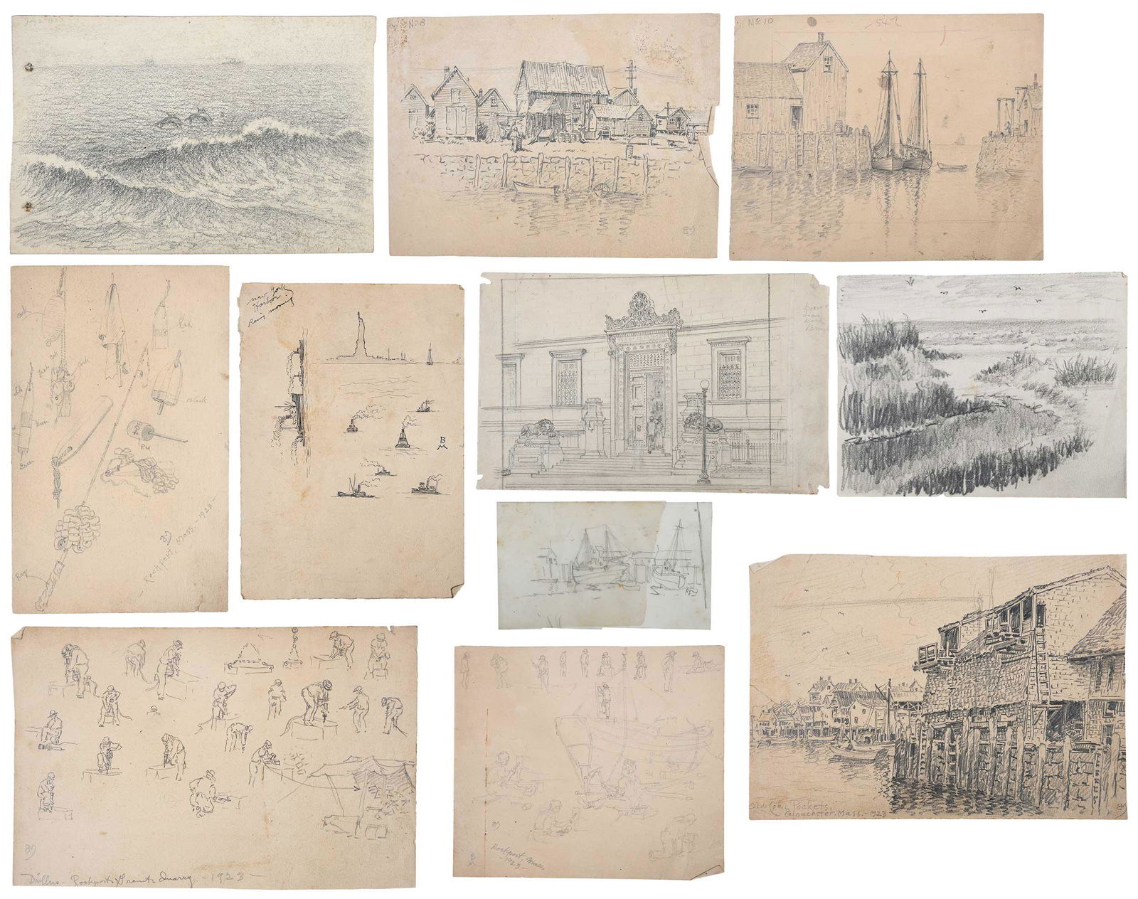Benson Bond Moore: (American, 1882-1974) Group of 11 Cape Ann Related Drawings; including five drawings variously inscribed "Rockport", all dated 1923, all pencil on paper, the largest 6-1/2 x 10 in.; one inscribed "Old