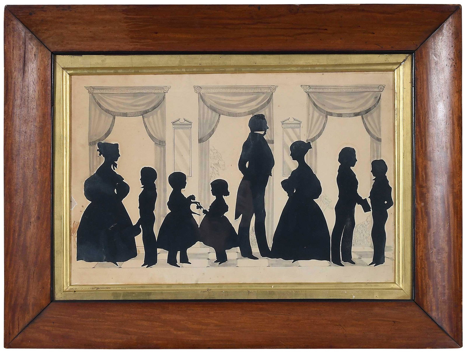 Attributed to Auguste Amant Constant FidÃƒÂ¨le Edouart: (French, 1789-1861) Family Portrait, unsigned, ink cutout on cream paper with ink wash and pencil, sight 13-1/2 x 21 in.; wood and gilt frame, 22-3/8 x 29-7/8 in. Provenance: Private Collection, Middl