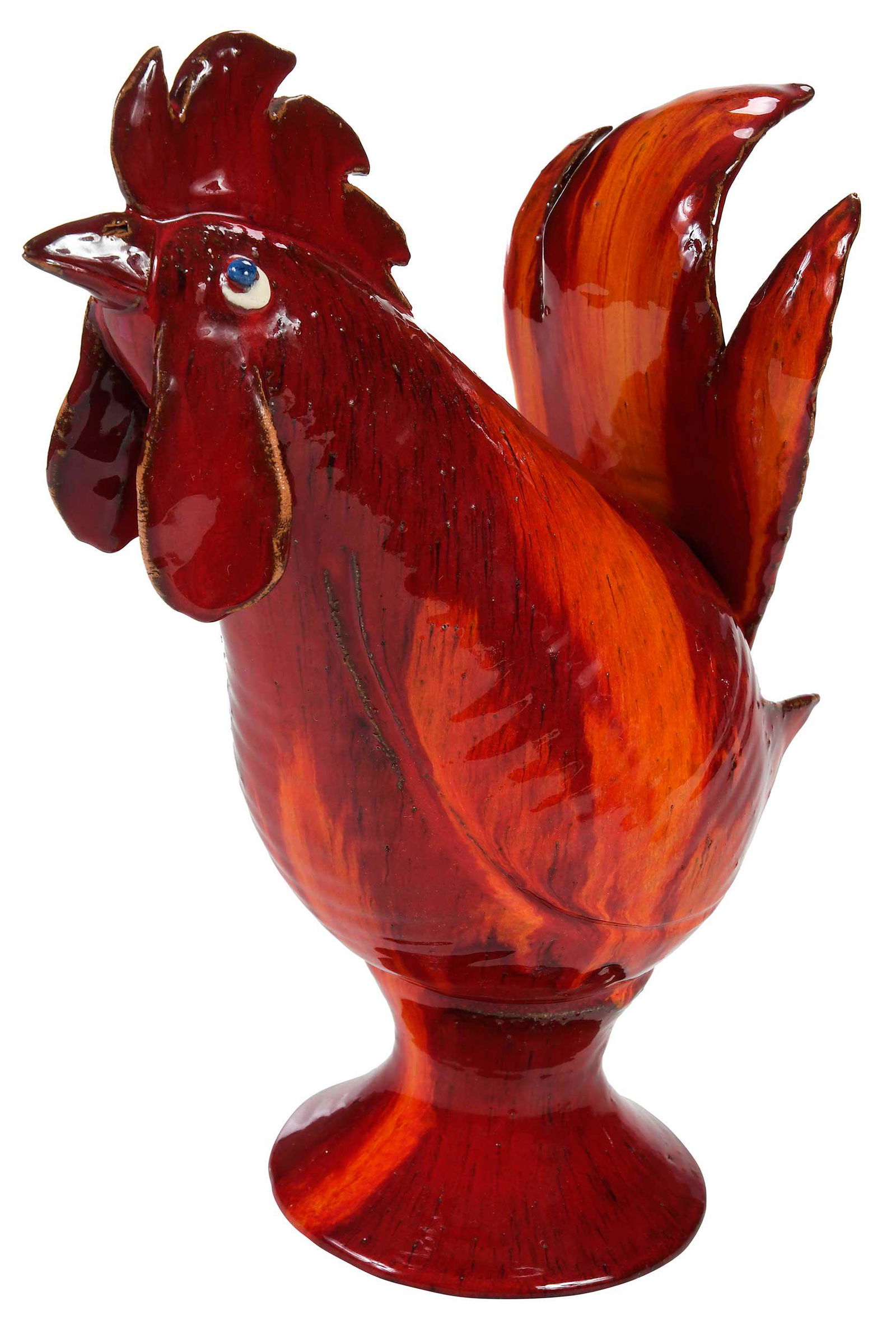 A. V. Smith Stoneware Rooster: (Sanford, North Carolina, 20th century) red and orange runny glaze, applied comb, waddles and curved tail feathers, pointed wing feathers, kaolin eyes with cobalt pupils, pointing body, unsigned, busi