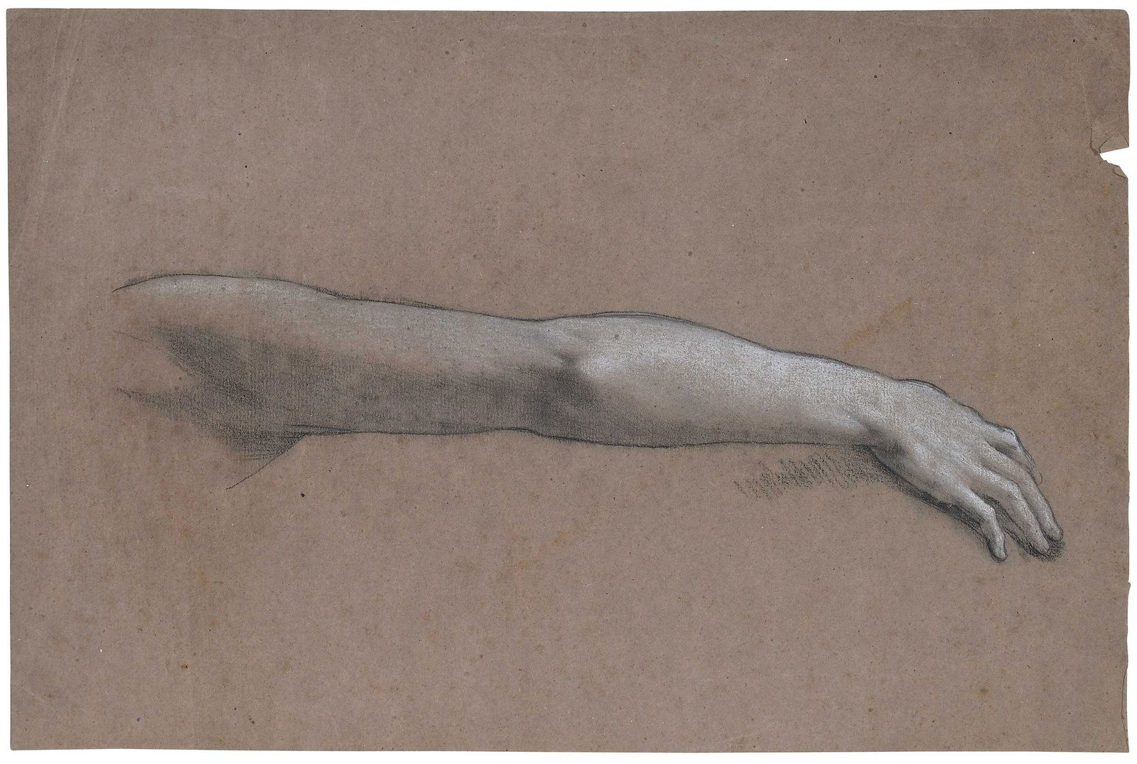 Sir William Blake Richmond Drawing: (British, 1842-1921) Study of an Arm, signed or inscribed verso "WBR", black and white chalk on brown paper, sheet 20-5/8 x 13-1/2 in.; unframed Provenance: Private Collection, Asheville, North Carol