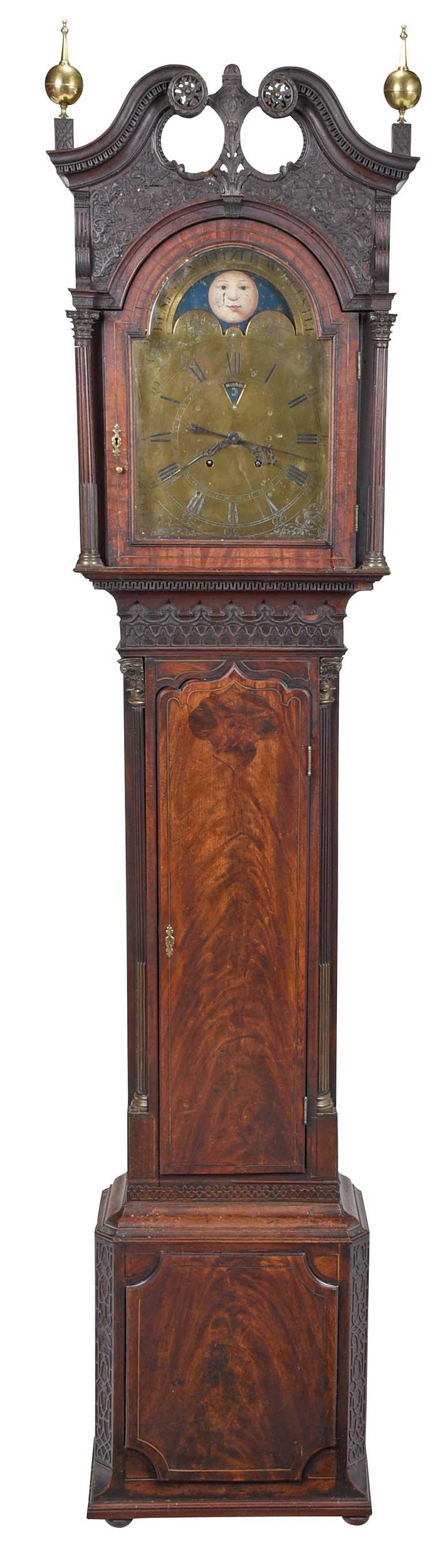 Fine George III Blind Fretwork Mahogany and Brass Inlaid Tall Case Clock: the engraved bras dial signed "Benjamin Fitzer Worcester", 18th century, with painted moon phase, calendar aperture and seconds sweep, brass movement, the fine waisted case with blind fretwork ornamen