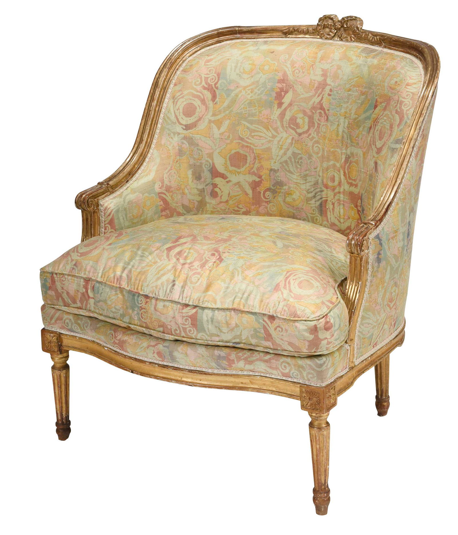 Louis XVI Style Carved Giltwood and Silk Upholstered Bergere (1 of 12)