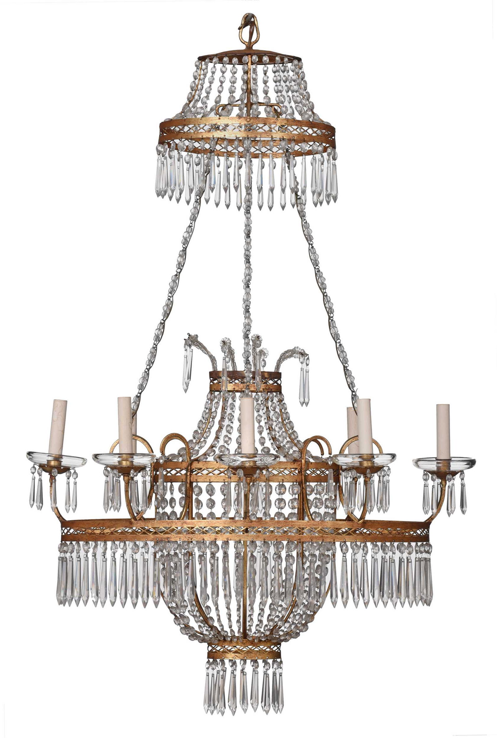 Neoclassical Gilt and Crystal Basket Form Eight Light Chandelier (1 of 6)