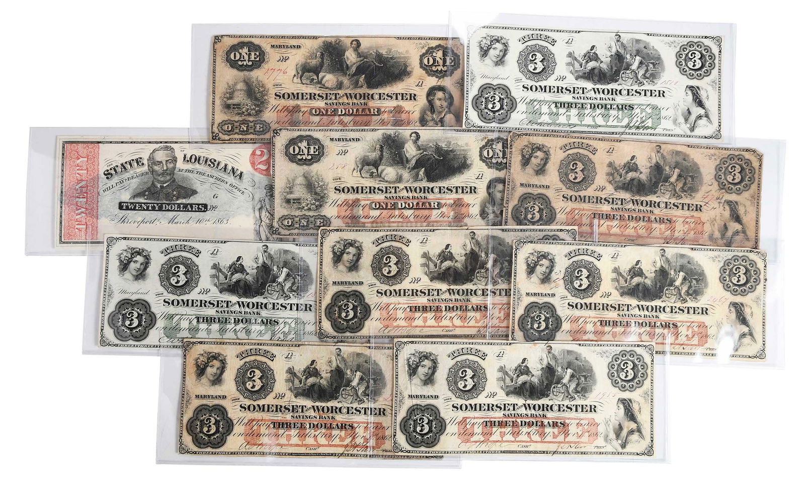 Group of Ten Obsolete Bank Notes, Louisiana and Maryland (1 of 5)