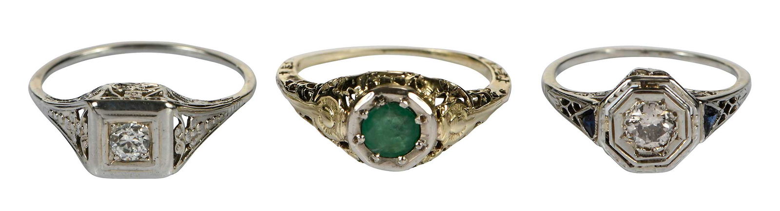 Three 14kt. Edwardian Ladies Rings, Diamond, Blue Sapphire and Emerald (1 of 8)