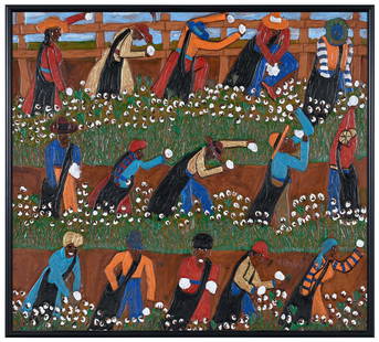 Winfred Rembert: (American/Georgia, 1945-2021) Cotton Pickers, incised lower right "W Rembert", dye on carved and tooled leather, 26 x 29 in.; black metal frame, 27-1/4 x 30-1/4 in. Provenance: The Estate of Peter H.