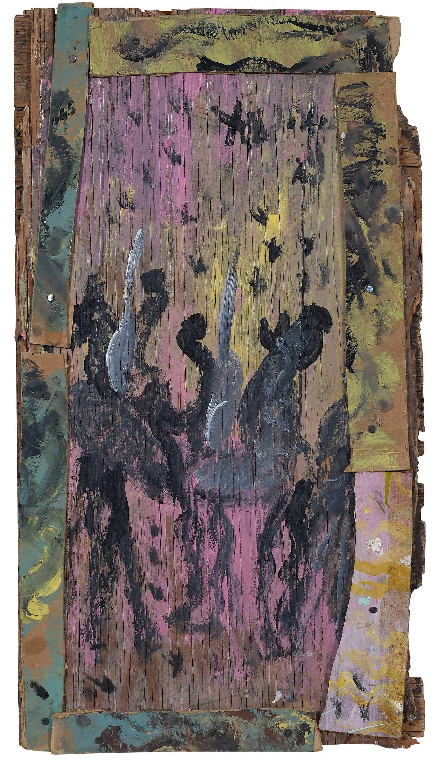 Purvis Young: (American/Florida, 1943-2010) Untitled, signed in upper right "Young", multimedia construction with cardboard and wood, 25 x 14 in.; unframed