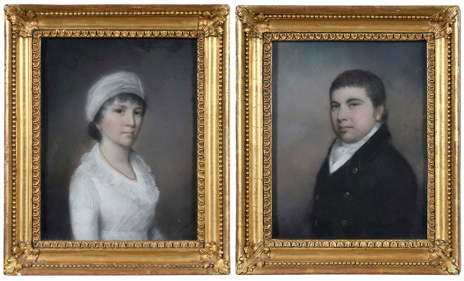 Attributed to James Sharples Sr.: (British/American, 1751-1811) A Pair of Portraits: Mr. and Mrs. Stewart, nee Hamilton, unsigned, pastel on paper, 9-3/8 x 7-1/2 in.; matching gilt wood and composition frames, 11-7/8 x 9-7/8 in. Prov
