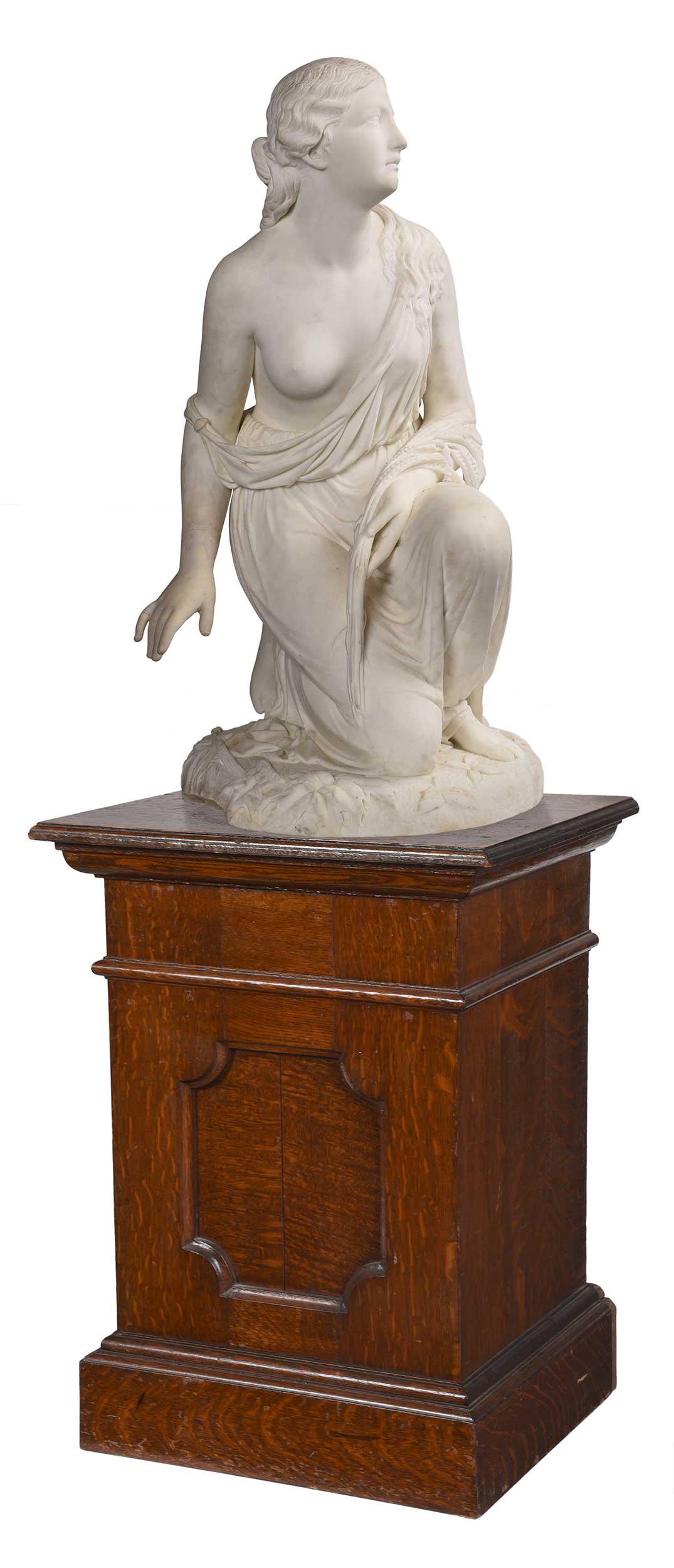 Randolph John Rogers Marble Sculpture, Pedestal: (American, 1825-1892) Ruth Gleaning, 1860, signed on separate marble slab "Randolph Rogers Rome 1860", marble, 34 x 20 x 18 in., with an oak pedestal, 32 x 23-1/2 x 20 in. Literature: A. McFarland, Th