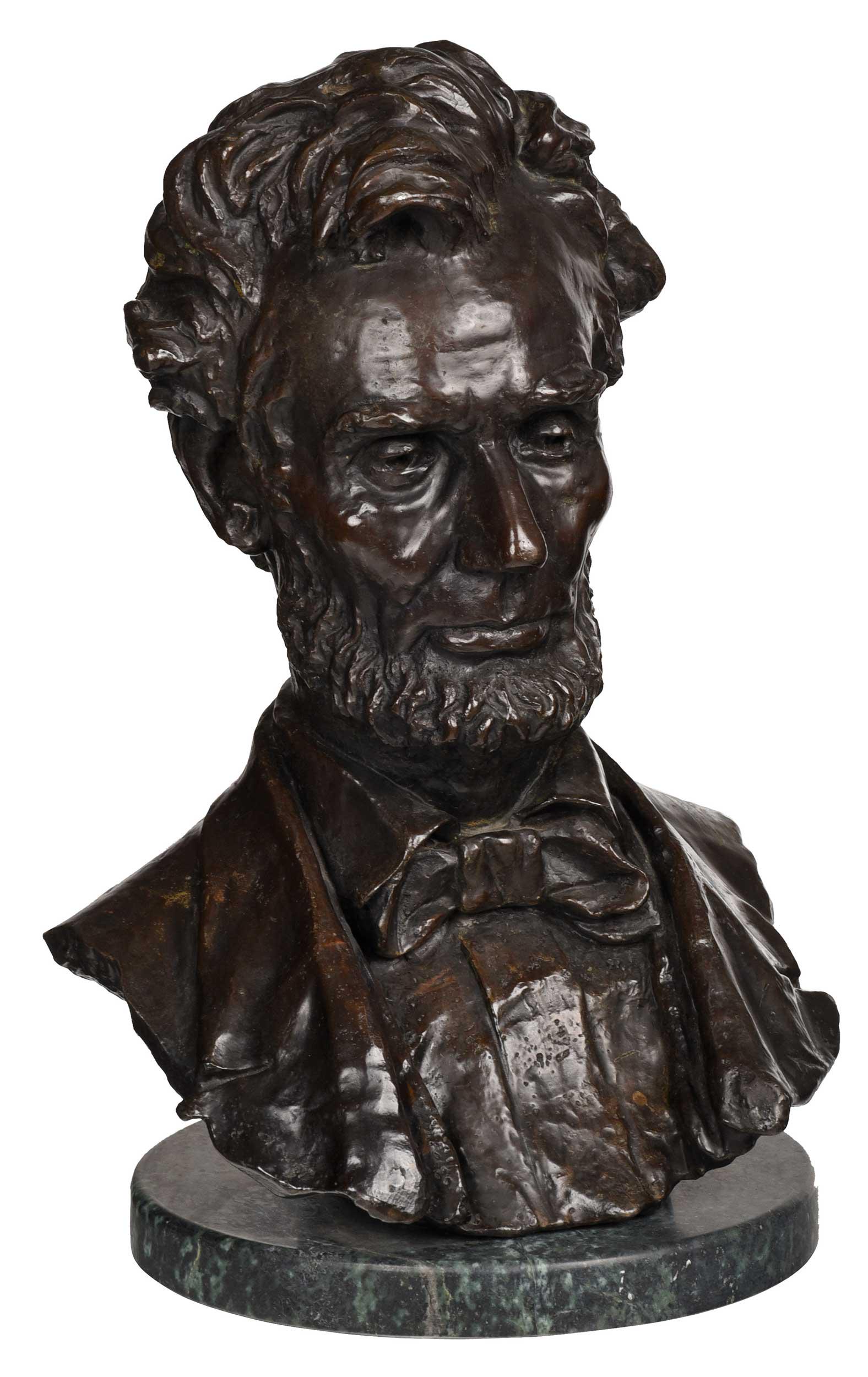 After George Edwin Bissell, Abraham Lincoln: (American, 1839-1920) Bust of Abraham Lincoln, unsigned, patinated bronze on green marble base, 20 x 12-1/2 x 11 in. Provenance: Ex-collection of Grant Albert Oaks (Cortland, Ohio, 1938-2010), Servic