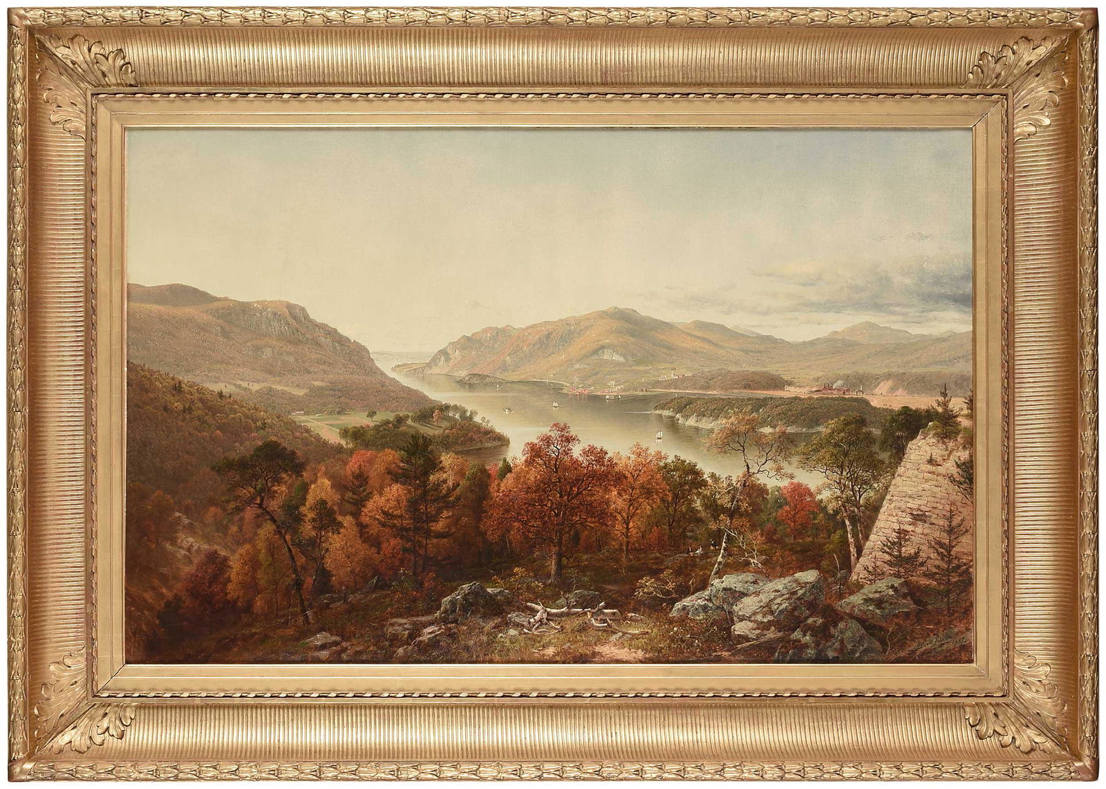 David Johnson: ((American, 1827-1908)) View of West Point from Fort Putnam, 18667, signed and dated lower right "David Johnson 1867", oil on canvas, 38 x 60 in.; fine period gilt wood and composition frame, 53 x 74