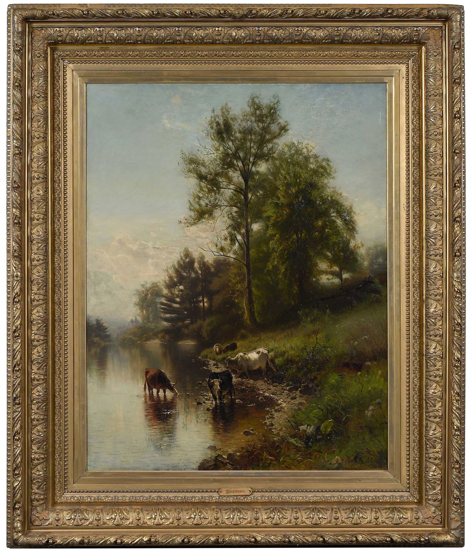 Arthur B. Parton: (American, 1842-1914) Morning, 1882, signed and dated lower right "Arthur Parton 1882", oil on canvas, 46-1/4 x 36 in.; fine period carved gilt wood and composition frame, 63-1/2 x 53 in. Provenance: