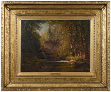 Thomas Worthington Whittredge: (American, 1820-1910) Fisherman by a Stream, signed lower left "W Whittredge", oil on canvas, 18-3/4 x 24-3/4 in.; fine period carved gilt wood and composition frame, 31-1/2 x 37-1/2 in. Provenanc