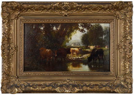 William Hart: (American, 1823-1894) Cows in a Stream, signed lower left "Wm Hart", oil on board, 9-1/4 x 16 in.; period carved gilt wood and composition frame, 16-3/4 x 23-1/2 in.  Provenance: Private Collection, S