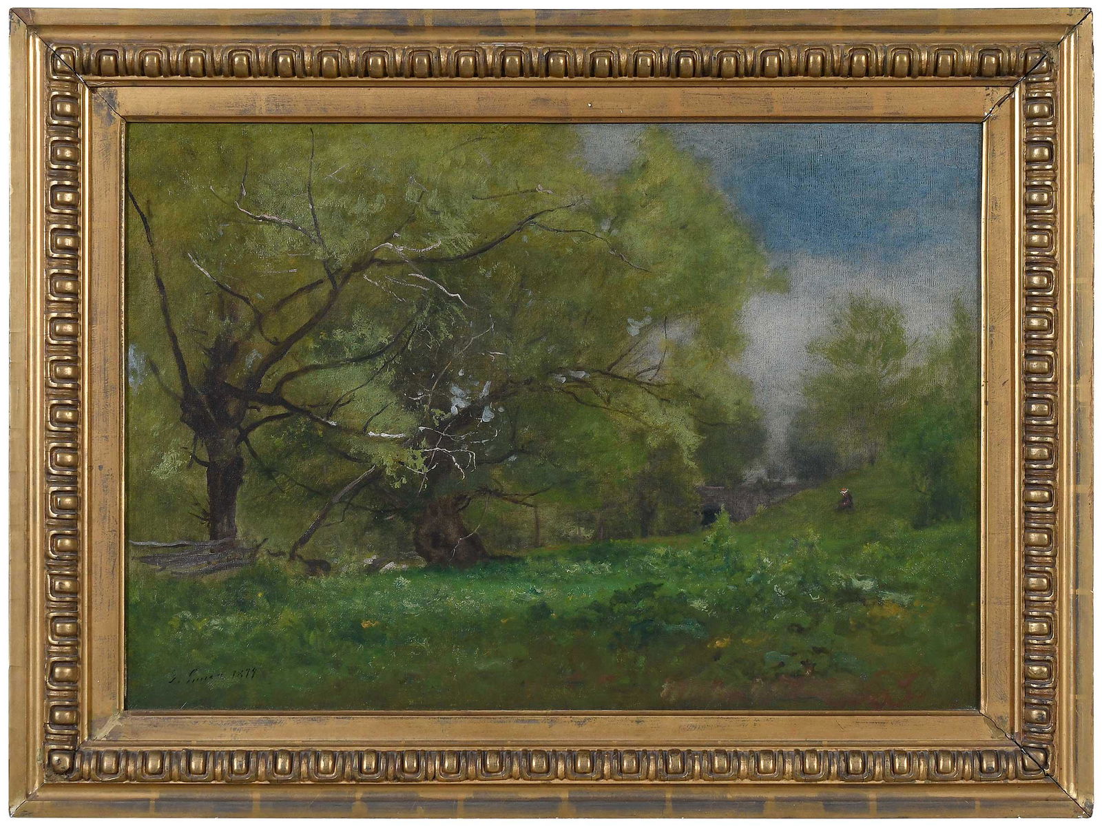 George Inness: (American, 1825-1894) Durham Connecticut, 1879, signed and dated lower left "G. Inness 1879", Memorial Exhibition label stretcher verso, oil on canvas, 18 x 26 in.; original carved gilt wood frame lin