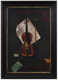 After William Michael Harnett: (American, 19th century) The Old Violin, 1886, with possible initials of copyist on sheet music center "EVR", oil on canvas, 36 x 24 in.; period carved wood frame, 43 x 31 in. Note: The original by Ha