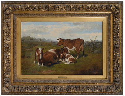 Arthur Fitzwilliam Tait: (British/America, 1819-1905) Cows, 1892, signed and dated lower right "A.F. Tait, NA/NY 92", oil on canvas, 18 x 27-1/4 in.; period carved gilt wood and composition frame, 31 x 40 in. Literature: Cadb