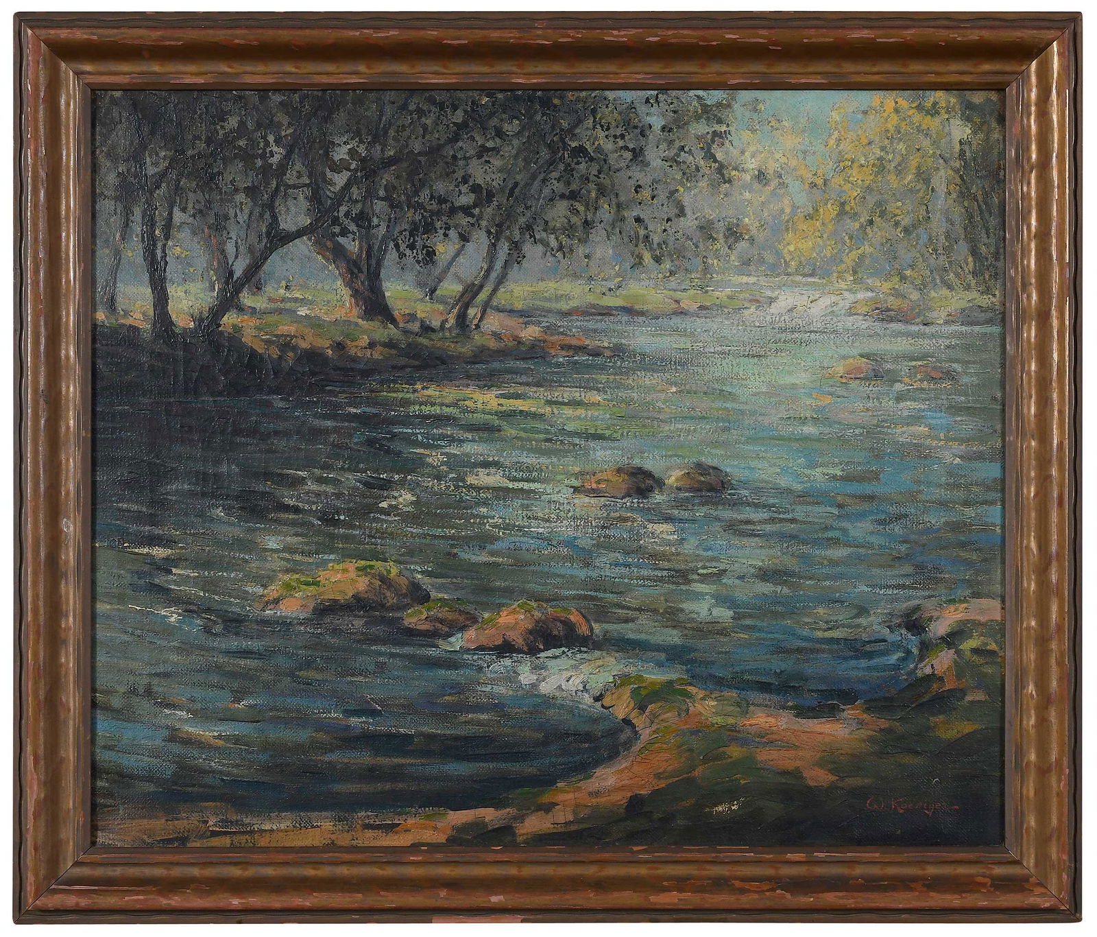 Walter Koeniger: (American, 1881-1943) Summer Scene, signed lower right "W. Koeniger", inscribed canvas verso "Walter Koeniger /Woodstock NY", oil on canvas, 20 x 24 in.; carved gilt wood frame, 23-1/2 x 27-1/2 in. P