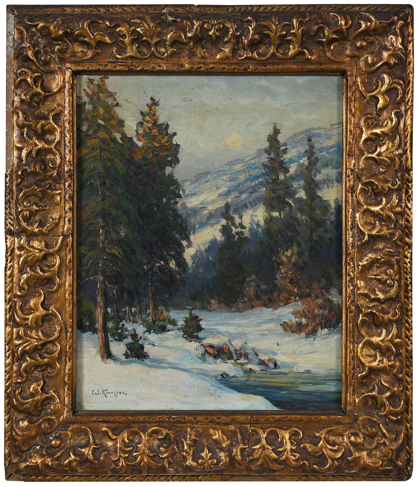 Walter Koeniger: (German/America, 1881-1943) Winter Scene, signed lower left "W. Koeniger", oil on canvas, 16 x 20 in.; fine carved gilt wood frame, 27-1/2 x 23-1/2 in. Provenance: Private Collection, Asheville, Nort