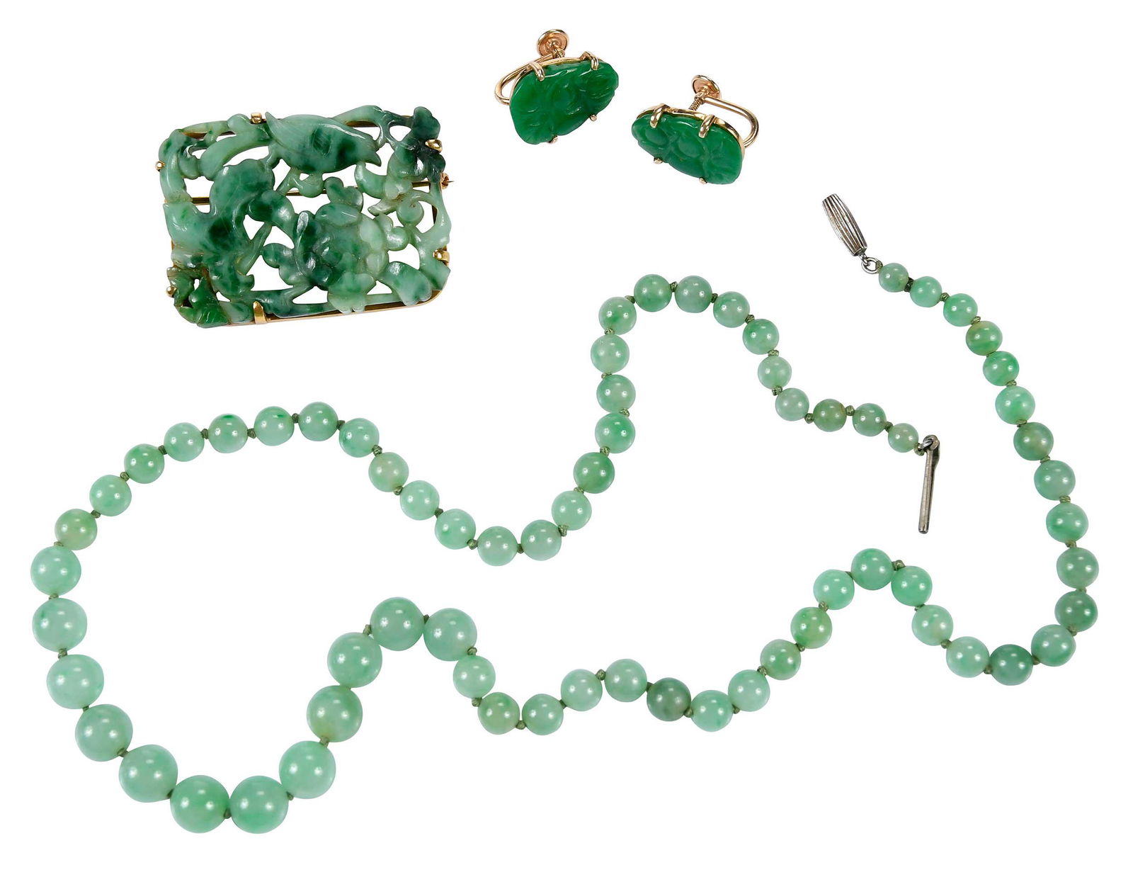 Four Jade Jewelry Items, Pair of Earrings, Necklace Beads, Brooch (1 of 13)