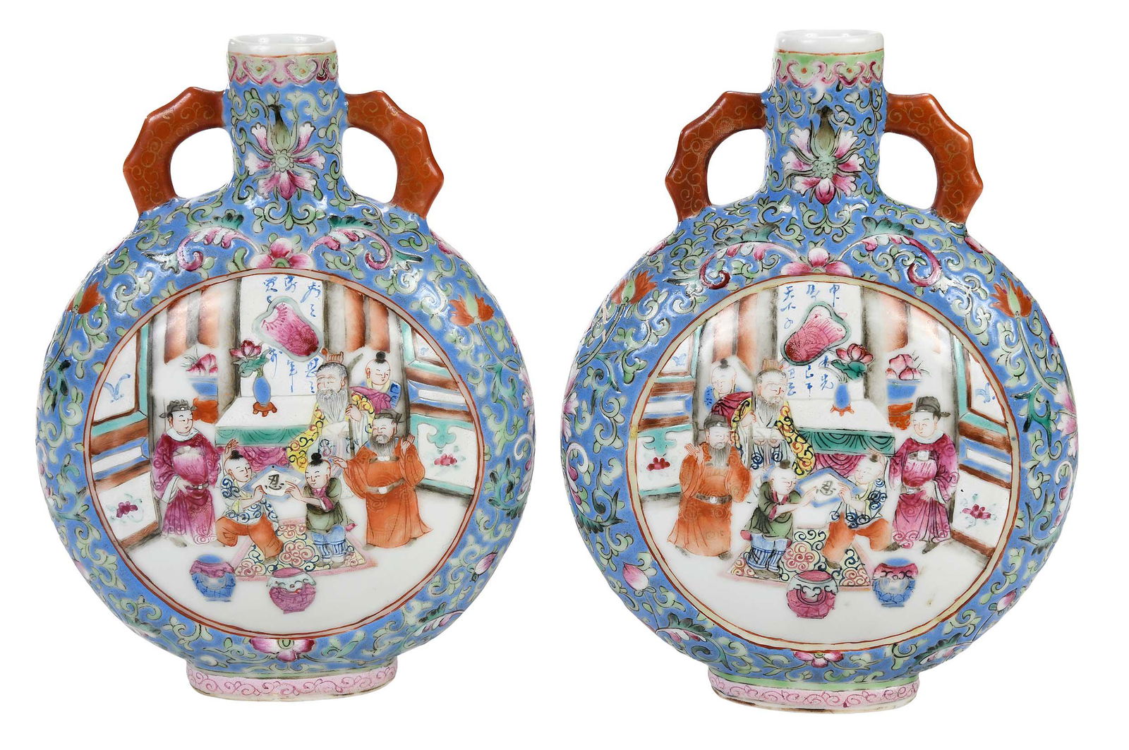 Pair of Chinese Enamel Decorated Porcelain Moon Flasks: with six character reign marks for theDaoguang emperor,mirror form decoration on panels of emperor with attendants and empress with attendants, two orange handles and floral enamel design over blue gr