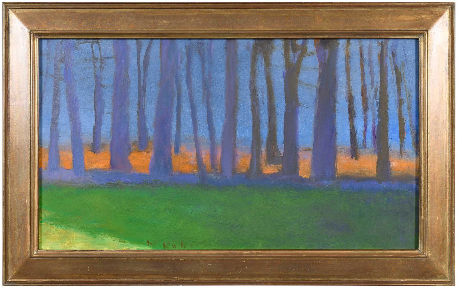 Wolf Kahn: (American/German,1927-2020), Orange Avenue, 2007, No. 73, signed at bottom left of middle "W. Kahn", inscribed with title and date verso, oil on canvas, 18 x 31-7/8 in.; modern gilt wood frame, 23-7/8