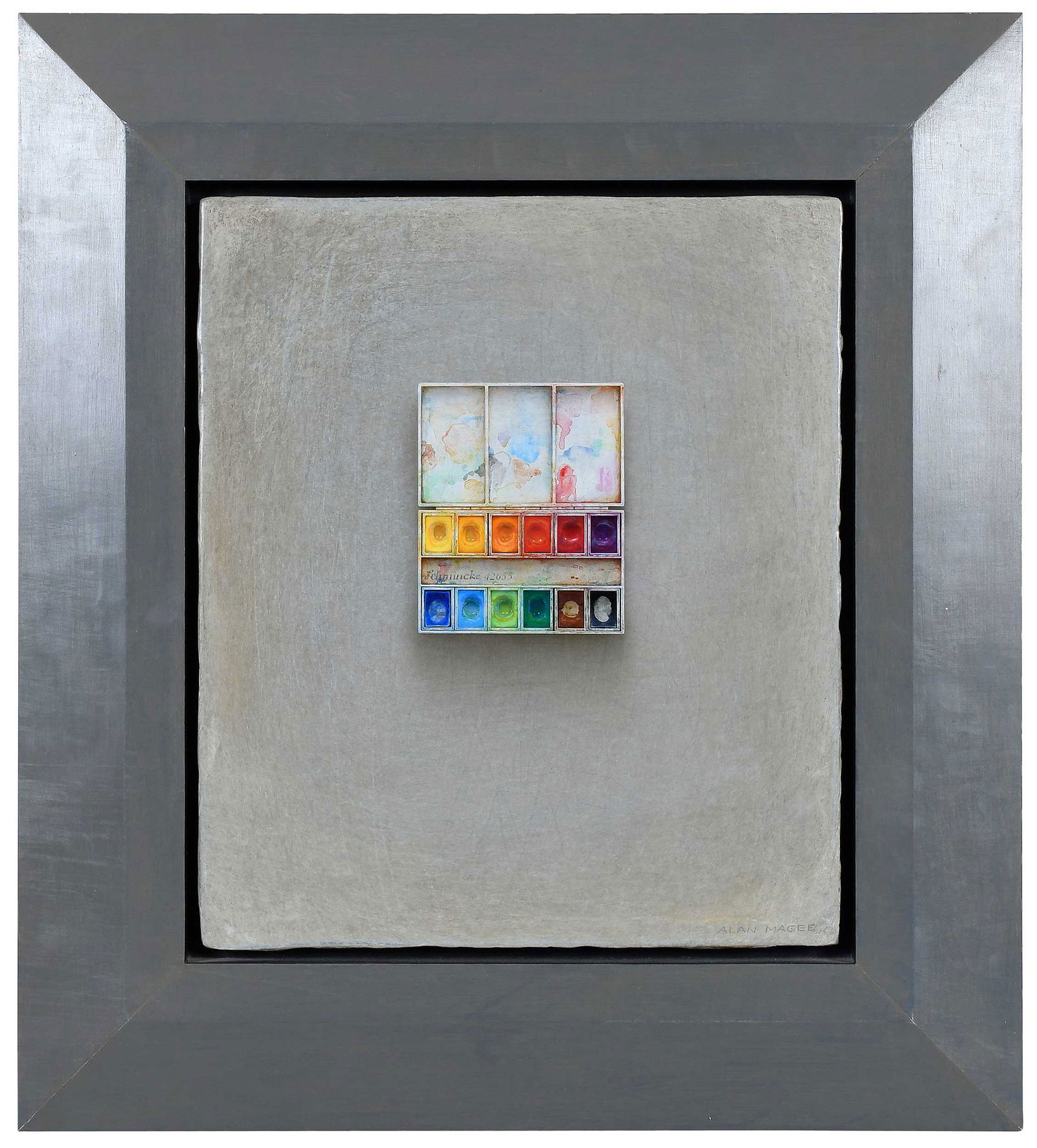 Alan Magee: (Maine/Pennsylvania, born 1947) Brief, 2001, signed lower right "Alan Magee" with artist's label and signed verso, acrylic and oil on panel, 16-1/4 x 14 in.; painted wood frame, 24-1/2 x 22-1/4 in. Pr