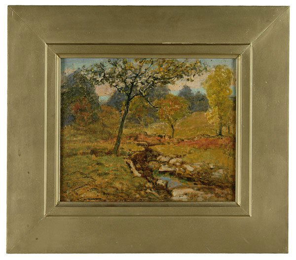 Landscape by Elbridge Kingsley: (New York, 1841-1918), wooded landscape with stream, signed verso in pencil "E Kingsley," oil on heavy paperboard (warped), embossed mark and scratch center to upper right, vertical scratch or depress