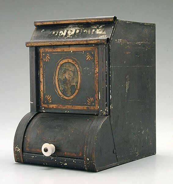 Toleware kitchen box,: store display and dispensing can, revolving lower lid, top lid marked "Pepper," original surface with woman's face in oval with gilt borders, surface losses and wear, English, late 19th century, 11-1/