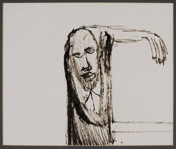 Sidney Nolan: "(Australian, 1917-1992) Illustration for [Uncle Grant,] for [Encounter] magazine, unsigned, marker on card, 10-1/4 x 12-1/4 in.; silver gilt frame, taped on all sides to verso of mat Provenance: Coll