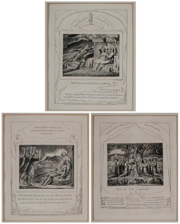 William Blake: "(British, 1757-1827) Three engravings from [The Book of Job,] circa 1825, includes plates 1, 4 and 7, signed in plate, engravings on cream paper, 7-3/4 x 6-3/8 in. (plate), 13-7/8 x 10 in. (page); ma