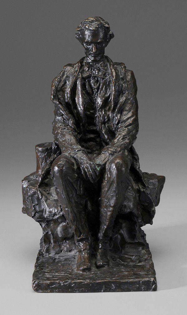 James Earle Fraser: "(New York/New Hampshire, 1876-1953) ""Abraham Lincoln (Study)"", cast No. 1, signed ""JE Fraser/No.1/© SU"", foundry stamp ""Modern Art F'DRY.NY"", patinated bronze, 12-1/2 x 7 x 8-7/8 in., good con