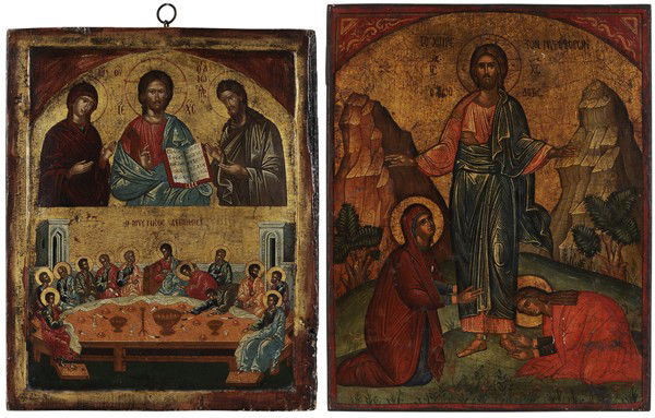 Two Greek Icons: "(20th century) [Noli Me Tangere] (Touch Me Not, John 20:17), 17-3/4 x 14 in., [crackle, mildew spotting, cupping, flaking;] The Last Supper (at bottom), and The Diesis (at top), 22-1/4 x 18 in., [pes